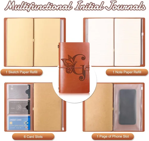 Vista 4 de Booson Diario de viaje inicial personalizado con mariposas, cuaderno de cuero, diario recargable, bloc de notas de escritura, monograma, regalo