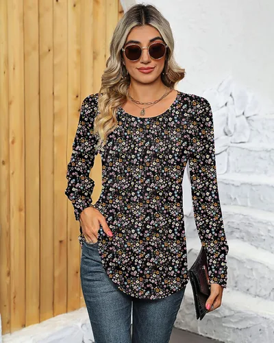 Vista 5 de Ficerd Blusa plisada de manga corta abombada para mujer, cuello redondo, elegante, casual, holgada, para primavera y verano