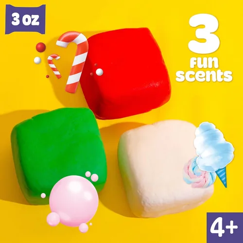 Vista 4 de Play-Doh Arcilla seca al aire, paquete de 3 unidades, 1 chicle verde, 1 menta roja, 1 algodón de azúcar azul, rellenos de calcetines, rellenos