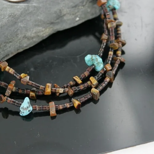 Vista 3 de $480Tag Certificado 3 Strand Silver Navajo Turquesa Tigers Eye Collar 390674529018 Hecho por Loma Siiva, Metal Piedra, turquesa estabilizada