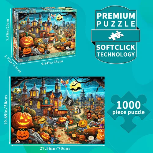 Vista 2 de Rompecabezas de Halloween para adultos de 1000 piezas, castillo de calabaza de otoño, rompecabezas de casa encantada de terror, rompecabezas