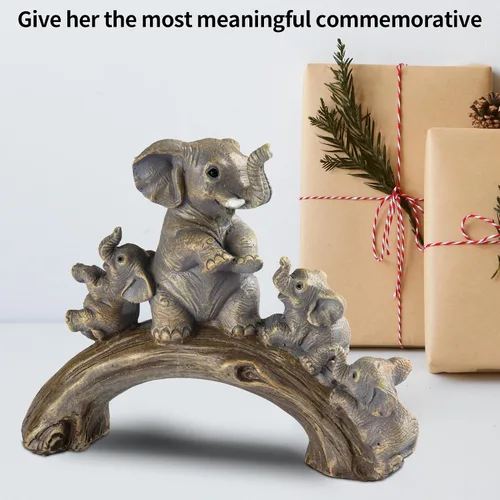 Vista 6 de Estatuas de elefante amarillo de buena suerte elefante jugando en el puente de troncos Elephant Family Figurine with 3 Calves on Log Bridge