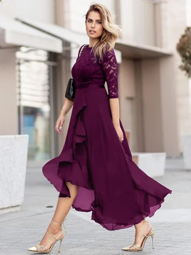 Vista 4 de Vestido largo de dama de honor con vuelos de encaje y cuello en V para mujer de MIUSOL