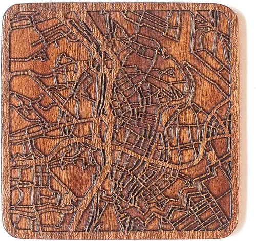 Vista 131 de Posavasos Amsterdam Map by O3 Design Studio, 1 pieza, posavasos de madera Sapele con mapa de la ciudad, hecho a mano, varias ciudades opcionales
