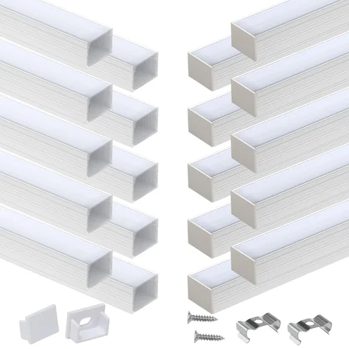 Vista 17 de Muzata Paquete de 10 unidades de 6.6 pies/6.6 ft con sistema de canal LED negro en forma de U con cubierta de difusor blanco lechoso esmerilado