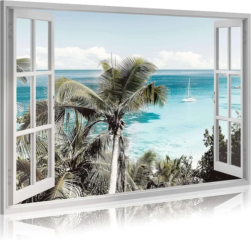 Vista 9 de Sea Whisper Lienzo decorativo para la pared de la ventana de la playa: imagen costera del océano, impresión de palmeras tropicales sobre pintura