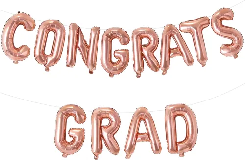 Vista 10 de Cartel de graduación con globos de felicitaciones de oro rosa para decoración de fiesta de graduación, 17 pulgadas Felicidades oro rosa