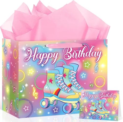 Vista 8 de Patinaje sobre ruedas para decoración de cumpleaños, bolsa de regalo de cumpleaños con papel de regalo y tarjeta, bolsa de papel grande y colorida