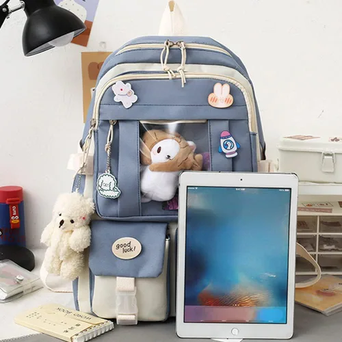 Vista 6 de Mochila escolar estética kawaii, juego de 5 piezas con bonitos pines colgantes de oso, mochila pequeña para laptop, kit esencial Verde