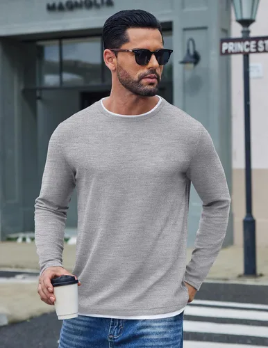 Vista 3 de COOFANDY Camisetas de manga larga para hombre, de algodón, con cuello redondo, con ribete de contraste Gris claro + ribete blanco