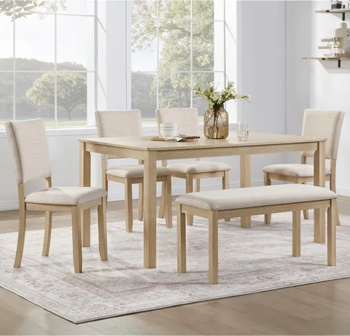 Vista 35 de Juego de mesa de comedor rústica de 6 piezas con mesa rectangular de caballete y 4 sillas tapizadas y banco, juego de mesa de comedor de cocina