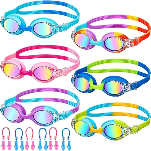 Vista 10 de Macarrie 6 gafas de natación para niños, sin fugas, antiniebla, para niños y niñas, con clip para la nariz, tapones para los oídos, de 3 a 14 años