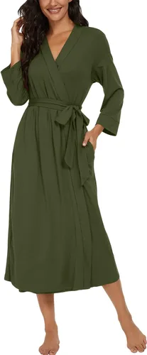 Vista 3 de VINTATRE Bata tipo kimono para mujer, bata larga de punto, ligera, suave, ropa de dormir con cuello en V, casual, ropa de descanso para mujer Verde