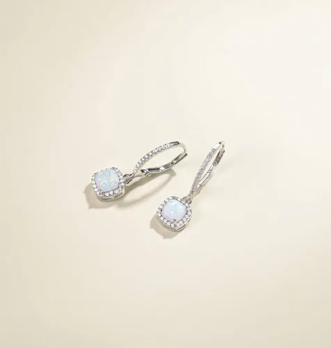 Vista 3 de FANCIME Aretes de palanca en la parte trasera, aretes de ópalo creado con piedra natal de octubre, plata esterlina, ópalo de fuego blanco, halo