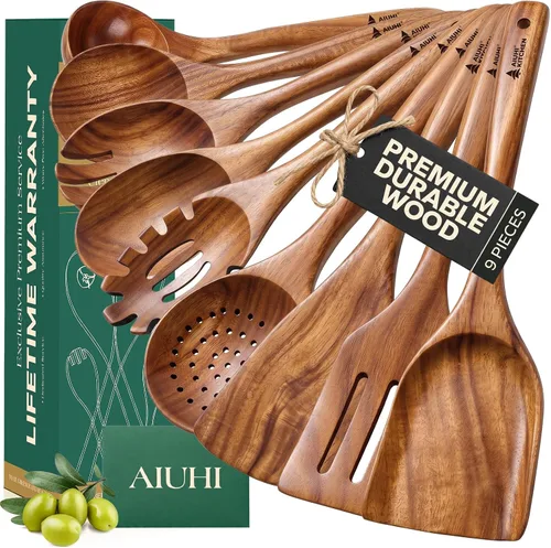 Vista 8 de AIUHI Juego de espátulas de madera de teca de 2 piezas, espátulas de cocina de madera para voltear, freír y servir, utensilios de cocina de madera
