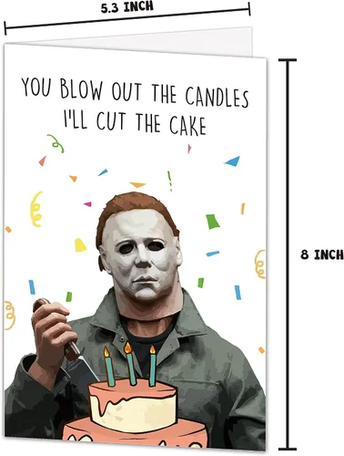 Vista 2 de Norssiby Tarjeta de cumpleaños espeluznante y divertida de Michael Myers I'll Cut The Cake, tarjeta de felicitación de cumpleaños asesino