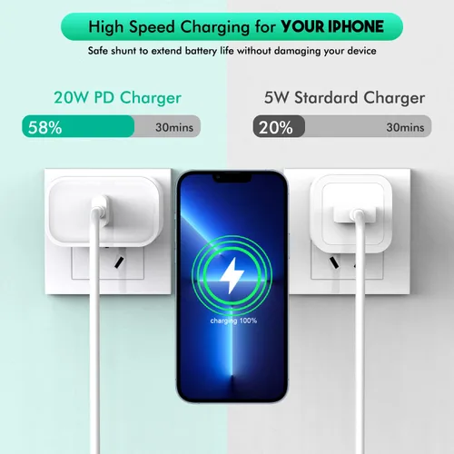 Vista 2 de Cargador rápido para iPhone [certificado MFi de Apple], paquete de 2 bloques de cargador de pared USB C de 20 W para iPhone + cable de carga rápida