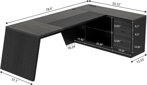 Vista 9 de Epecoya Escritorio ejecutivo en forma de L de 78 pulgadas, escritorio grande y moderno para oficina en casa con cajón y gestión de sujeción