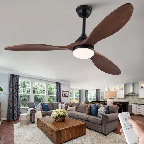Vista 10 de Ventilador de techo de 42 pulgadas con luz, 3 aspas de madera maciza, control remoto, motor de CC silencioso reversible de 6 velocidades, ventilador