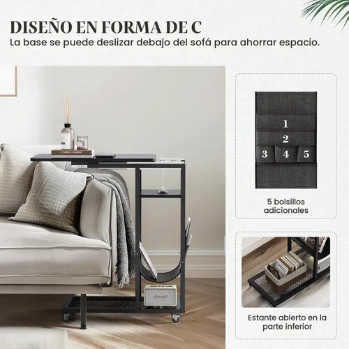 Vista 5 de Mesa auxiliar en forma de C de Colima con estación de carga (Negro, Extra Grande)