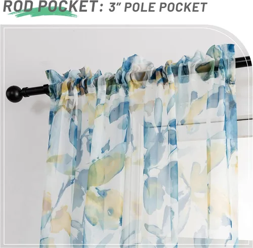 Vista 4 de VISIONTEX Cortinas transparentes con estampado de gasa, estilo abstracto europeo, estampado de hojas azules y amarillas, 2 paneles para decoración