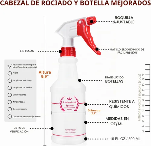 Vista 5 de Uineko - Botella de plástico resistente multiusos a prueba de fugas, con atomizador, boquilla y medidas ajustables, para líquidos de limpieza, regar
