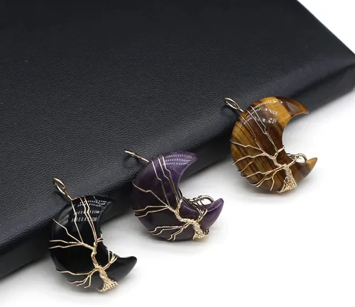 Vista 4 de 4 colgantes de piedra natural, forma de luna, chakra, cristal, ágata, alambre de piedra, tejer, diseño de árbol de la vida para hacer joyas