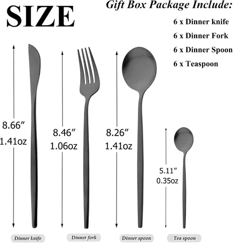 Vista 3 de Juego de cubiertos de 24 piezas con acabado mate, cubiertos básicos de acero inoxidable 18/0 para el hogar, cocina, boda, fiesta y restaurante, Negro