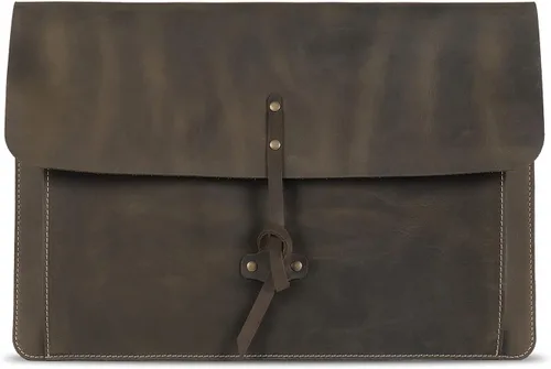 Vista 8 de Londo Funda de cuero de grano real para MacBook Pro y MacBook Air, bolsillo frontal y cierre de solapa, 14 pulgadas - 13 pulgadas