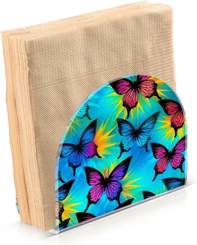 Vista 2 de Servilletero con diseño de mariposa azul y morado para mesas, servilleteros de acrílico transparente, servilleteros de cóctel para cocina