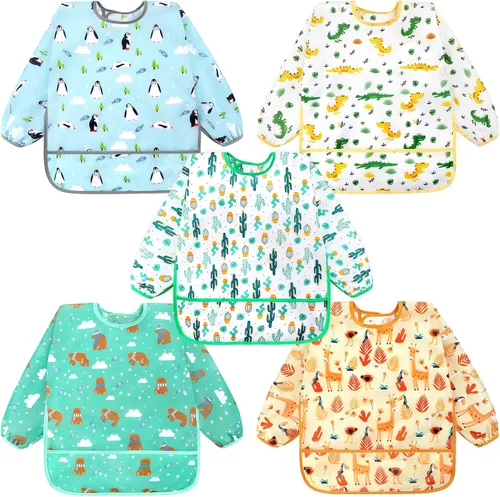 Vista 9 de Accmor 5 Pack Long Sleeve Bibs, Baby Smock Waterproof Sleeved Bib Smock for Baby Toddler 6-36 Months