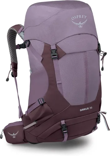 Vista 24 de Osprey Sirrus 24L Mochila de senderismo para mujer, Púrpura Elderberry/Chiru Tan