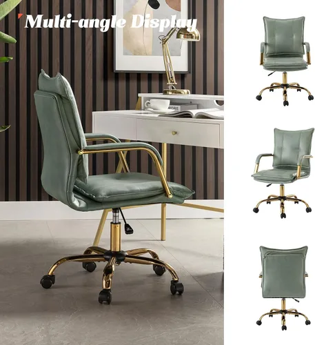 Vista 5 de HULALA HOME Silla de escritorio de piel sintética para oficina en casa, silla giratoria ajustable para computadora con patas y brazos dorados, silla
