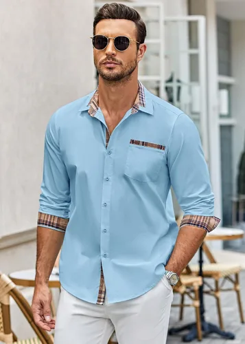 Vista 3 de COOFANDY - Camisa de vestir de algodón con mangas largas, botones y cuello a cuadros, de estilo casual, para hombres