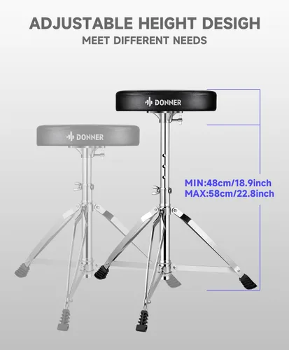 Vista 4 de Set de trono para batería de Donner, taburetes acolchados con altura ajustable, incluye baquetas 5A, múltiples versiones, opción confiable