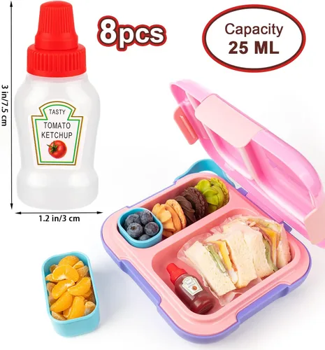 Vista 2 de 8 piezas de botellas mini de ketchup, botellas exprimibles portátiles de condimentos mini, accesorios de lonchera a prueba de fugas de 25ml