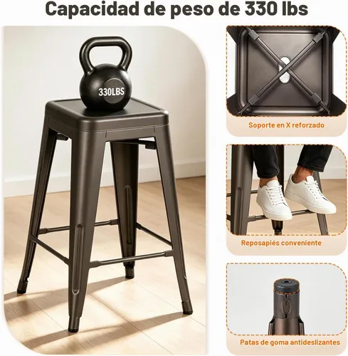 Vista 6 de FDW Juego de 4 taburetes metálicos de 24 pulgadas, apilables, bronce Pistola