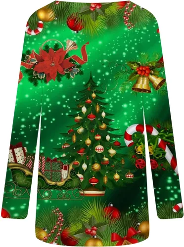 Vista 5 de Blusa de Navidad para mujer, estilo casual, de manga larga, cuello redondo, de moda, con estampado de árbol brillante