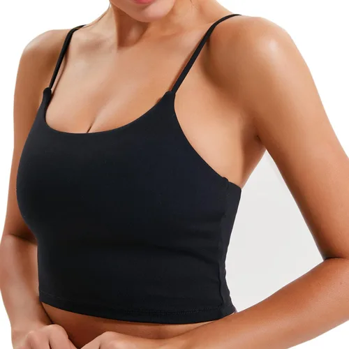 Vista 2 de Sujetadores deportivos para mujer de línea larga con relleno, para correr, fitness, yoga, entrenamiento, camiseta sin mangas con brasier integrado