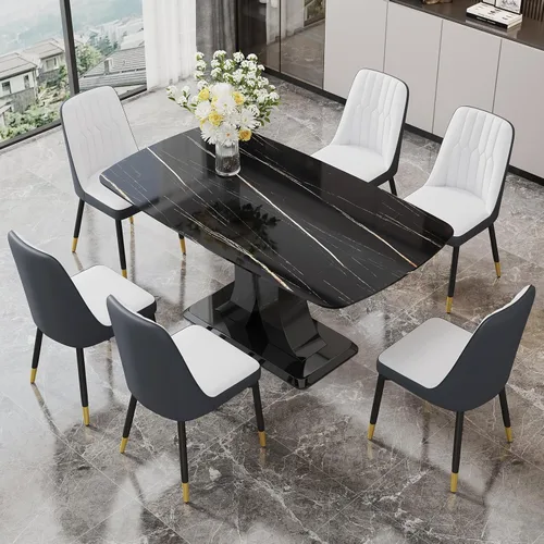 Vista 36 de Moderno juego de mesa de comedor para 4, mesa de vidrio de 63 pulgadas y base de MDF, mesa de comedor de mármol sintético negro con 4 sillas Mesa