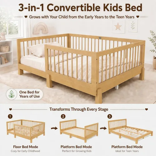 Vista 7 de SOFTSEA Cama Montessori de tamaño individual con barandillas para niños Natural