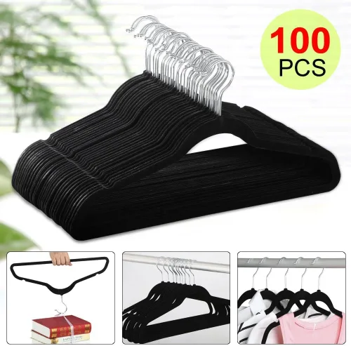 Vista 5 de Yaheetech Paquete de 100 perchas de terciopelo antideslizantes de alta resistencia flocado para abrigos, percheros para ahorrar espacio con gancho