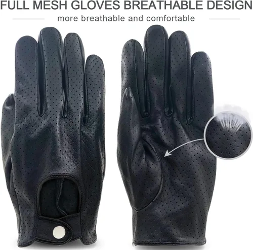 Vista 2 de ZLUXURQ Guantes de conducción de cuero de malla completa para hombre, sin forro, suave y fina piel de cordero italiana