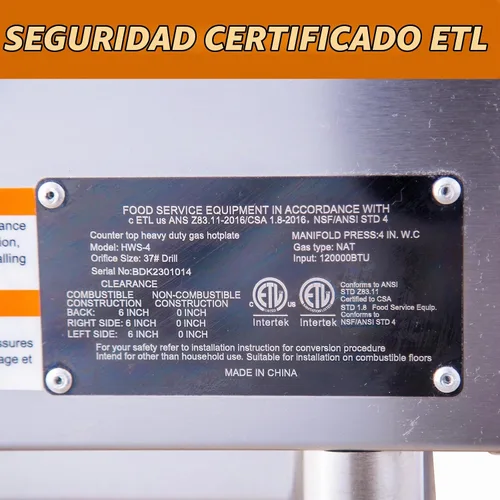 Vista 8 de Placa caliente de gas comercial de 24 pulgadas, rango de encimera de 4 quemadores 120,000 BTU, estufa de acero inoxidable resistente con rejillas