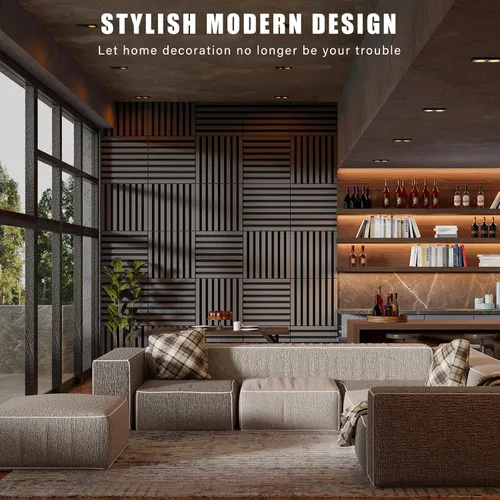 Vista 4 de Geelin 8 piezas paneles de pared de madera 3D autoadhesivos para despegar y pegar, paneles de listones de madera con textura acústica