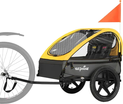 Vista 10 de Sepnine Remolque de bicicleta para niños, adecuado para 1 a 2 niños, 12 meses en adelante, fijación rápida a la bicicleta, plegable, con arnés de 5