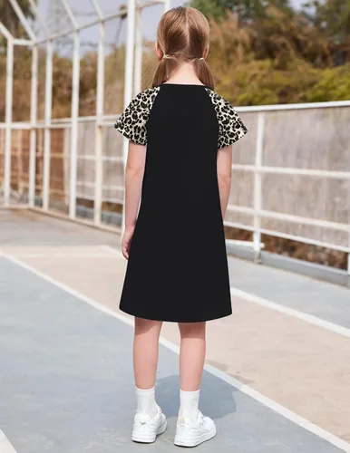 Vista 4 de Arshiner Vestido de verano para niñas de 5 a 12 años de manga corta de algodón estampado casual