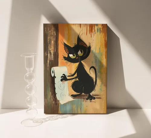 Vista 2 de Divertido Arte de Pared de Baño de Gato Negro en Lienzo Arte de Pared de Gato Abstracto con Imagen de Papel Higiénico Decoración de Pared Póster