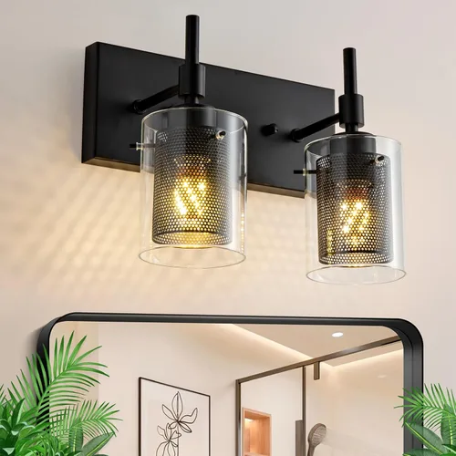 Vista 3 de Aplique de pared de latón de 2 luces, apliques de pared dorados de 12 pulgadas con pantalla de malla de rejilla, lámpara de pared de latón mate