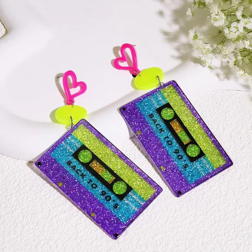 Vista 6 de RechicGu Aretes de aro de corazón de neón de los años 80 y 90 para fiesta brillante, atuendo retro de los años 70, accesorios de joyería, regalo
